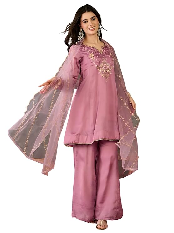 Naixa Women’s Onion with Cotton Lining Embroidered A-Line Kurta with Onion Palazzo | Net Embroidered Scalloped Dupatta Set | Full Sleeve | Notch Neck | Festive (Available in Plus Size)