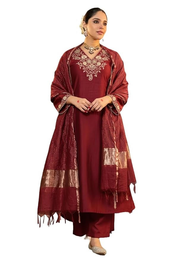 Klosia Women Embroidery Solid Straight Kurta and Pant Set with Dupatta